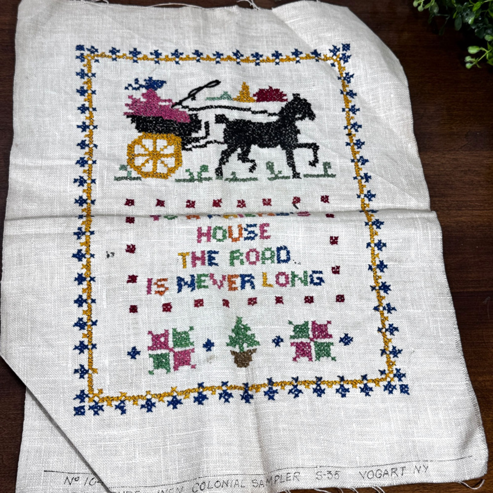 Vintage Cross Stitch Friendship Themed Sampler Colonial Buggy Horse 11x14